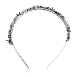 Fluorite Brass Wire Wrapped Natural Fluorite Chip Hair Bands, with 304 Stainless Steel Hair Hoop, Hair Accessories for Women Girls, 140~152x125~135x6~10mm, Inner Diameter: 120mm