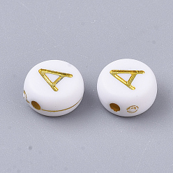Letter A Plating Acrylic Beads, Golden Metal Enlaced, Horizontal Hole, Flat Round with Alphabet, White, Letter.A, 7x3.5mm, Hole: 1.2mm, about 3600pcs/500g