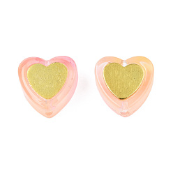 Light Salmon Transparent Spray Painted Glass Beads, with Golden Plated Brass Findings, Heart, Light Salmon, 12x12x5mm, Hole: 1mm