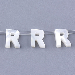 Letter R Natural Sea Shell Beads, White Shell Mother of Pearl Shell, Top Drilled Beads, Letter.R, 10x2.5~11.5x3mm, Hole: 0.8mm