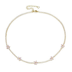 Pink Cubic Zirconia Classic Tennis Necklace with Flower Links, Golden Brass Jewelry for Women, Pink, 14.37 inch(36.5cm)