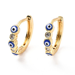Dark Blue Enamel Evil Eye Hoop Earrings with Clear Cubic Zirconia, Real 18K Gold Plated Brass Jewelry for Women, Cadmium Free & Lead Free, Dark Blue, 16x14.5x3.5mm, Pin: 0.8mm