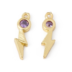 Medium Purple Brass Micro Pave Cubic Zirconia Pendants, Real 18K Gold Plated, Lightning, Medium Purple, 13.5x4x2mm, Hole: 0.9mm