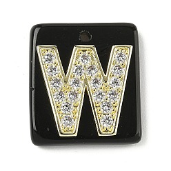 Letter W Природные подвески обсидиана, прямоугольные подвески с латунной микропаве прозрачной кубической циркониевой буквой, реальный 18 k позолоченный, долговечный, стойки покрытие, Буква W, 21x18x5 мм, отверстие : 1.4 мм