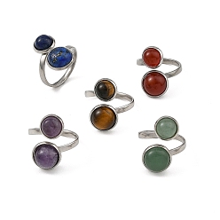 Gemstone Регулируемые кольца-манжеты с различными драгоценными камнями, 304 из нержавеющей стали шириной полосы кольца, плоско-круглые, цвет нержавеющей стали, 9~11.5 мм, размер США 7 1/4 (17.5 мм)
