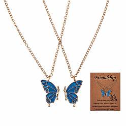 Blue 2Pcs Matching Butterfly Pendant Necklaces Set, 316 Surgical Stainless Steel Couple Necklace for Mother Daughter Friends, Light Gold, Blue, 17.72 inch(45cm)