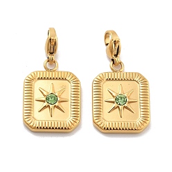 Перидот Прямоугольник со звездой 304 подвесные украшения из нержавеющей стали со стразами, украшения с застежкой в виде клешни лобстера, ионное покрытие (ip), реальный 14 k позолоченный, перидот, 30 мм