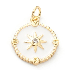 White Brass Micro Pave Cubic Zirconia Pendants, with Enamel, Long-Lasting Plated, Real 18K Gold Plated, Flat Round with Sun, White, 17x15x2mm, Hole: 3.5mm