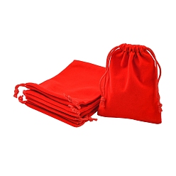 Red Rectangle Velvet Packing Pouches, Drawstring Bags, for Gift Wrapping, Red, 10x8cm