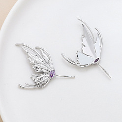 Platinum Brass Pave Medium Purple Cubic Zirconia Wing Head Pins, for Baroque Pearl Making, Platinum, 42x28mm