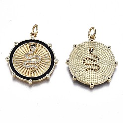Черный Латунные микропаве прозрачные подвески с фианитом, с эмалью и кольцами для прыжков, без кадмия, без никеля и без свинца, реальный 16 k позолоченный, плоские круглые со змеей, чёрные, 24.5x22x2.5 мм, Перейти кольцо: 5x1 мм, 3 мм внутренним диаметром