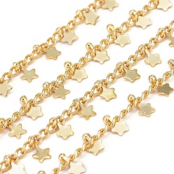Real 18K Gold Plated Handmade Brass Curb Chains, with Star Charms and Spool, Soldered, Long-Lasting Plated, Real 18K Gold Plated, Link: 3x2x1mm, Star: 6x3x1.5mm, about 32.8 Feet(10m)/roll