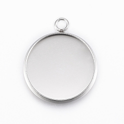 Stainless Steel Color 304 Stainless Steel Pendant Cabochon Settings, Flat Round, Stainless Steel Color, Tray: 18x1.6mm, 24x20x2mm, Hole: 2.2mm