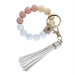 1 Colorful Silicone Bead Bracelet Keychain with PU Leather Tassel Pendant for Women