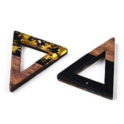Black Opaque Resin & Walnut Wood Pendants, Hollow Triangle Charms with Paillettes, Black, 27.5x24x3.5mm, Hole: 1.8mm