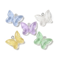 Mixed Color Translucent Resin Pendants, Glitter Butterfly Charms with Platinum Tone Iron Loops, Mixed Color, 17.5x21.5x6mm, Hole: 2mm