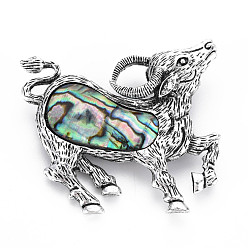 Colorful Sheep Alloy Brooch, Natural Paua Shell Lapel Pin with Loop for Backpack Clothes Pendant Jewelry, Cadmium Free & Lead Free, Antique Silver, Colorful, 50x55x13mm, Hole: 7x4.5mm, Pin: 0.7mm