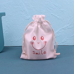 Smiling Face Printed Cotton Cloth Storage Pouches, Rectangle Drawstring Bags, for Candy Gift Bags, White, Smiling Face, 14x10cm