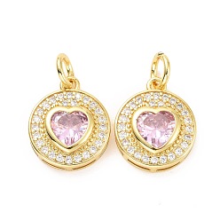 Бледно-Розовый Латунные микро проложить кубического циркония подвески, с прыжковых колец, долговечный, без кадмия и без свинца, золотой свет, плоско-круглые с сердцем, розовый жемчуг, 15.5x13x4 мм