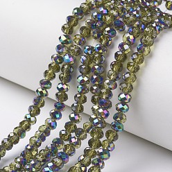 Olive Electroplate Transparent Glass Beads Strands, Half Multi-color Plated, Faceted, Rondelle, Olive, 3.5x3mm, Hole: 0.4mm, about 123~127pcs/strand, 13.7~14.1 inch(35~36cm)