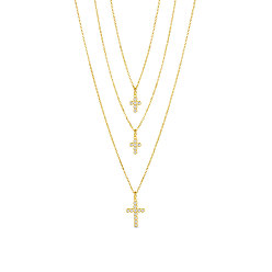 Golden SHEGRACE 925 Sterling Silver Tri-Tiered Necklaces, with AAA Cubic Zirconia, with S925 Stamp, Cross, Golden, 18.11 inch(46cm)