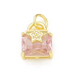 Pink Rack Plating Brass Micro Pave Clear Cubic Zirconia Charms, with Jump Rings, Cadmium Free & Lead Free, Long-Lasting Plated, Envelope Handbag with Star Charm, Real 18K Gold Plated, Pink, 12.5x9.5x7.5mm, Hole: 3mm