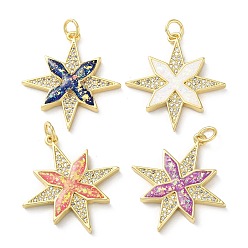 Mixed Color Brass Micro Pave Clear Cubic Zirconia Pendants, with Synthetic Opal and Jump Ring, Real 18K Gold Plated, Star, Mixed Color, 25.5x24x2.7mm, Hole: 3.6mm