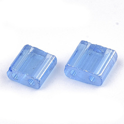 Cornflower Blue 2-Hole Transparent Glass Seed Beads, Lustered, Rectangle, Cornflower Blue, 5x4.5~5.5x2~2.5mm, Hole: 0.5~0.8mm