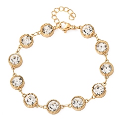 Плоский Круглый 304 Браслеты из нержавеющей стали с звеньями, инкрустированными стеклом, для женщин, ионное покрытие (ip), золотые, плоско-круглые, 6.50 дюйм (16.5 см)