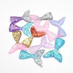 Mixed Color Resin Cabochons, with Glitter Powder, Mermaid Tail Shaped, Mixed Color, 41~45x33x7mm