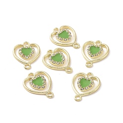 Yellow Green Alloy Enamel Connector Charms, Heart Links, with Crystal Rhinestone, Light Gold, Cadmium Free & Lead Free, Yellow Green, 21x16x2.5mm, Hole: 2mm