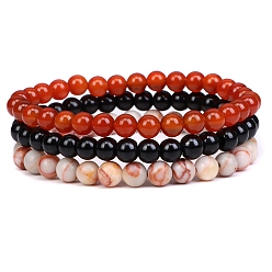Red Agate 3Pcs 3 Style Natural Red Agate & Black Agate & Rhodonite Round Beaded Stretch Bracelets Set, Gemstone Stackable Bracelets for Woman, Wide: 6mm, 7-1/4~7-1/2 inch(18.5~19cm), 1Pc/style