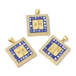 Розовато-лиловый Квадратные подвески из латуни с микропаве и цирконием, с эмалью и ракушкой, долговечный, без свинца и без кадмия, реальный 18 k позолоченный, розовато-лиловый, 24x21.5x4 мм, отверстие : 5x3 мм