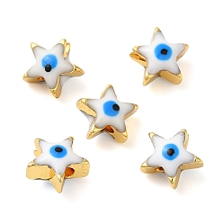 White Golden Tone Brass Enamel Beads, Cadmium Free & Lead Free, Long-Lasting Plated, Star with Evil Eye, White, 8x8x5mm, Hole: 1.4mm
