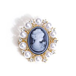 Steel Blue Victorian Oval with Beauty Cameo Imitation Pearl Brooch, Light Gold Alloy Rhinestone Jewelry for Women's Coat, Steel Blue, 44x34mm