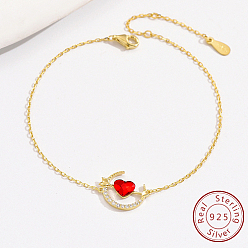 Golden Moon & Arrow & Heart Sterling Silver Link Bracelets, with Red Cubic Zirconia, Golden, 6-3/4 inch(17cm)