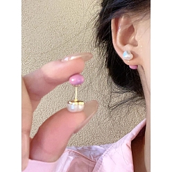 Golden Plastic Pearl Stud Earrings, Alloy Front Back Stud Earrings with 925 Sterling Silver Pins, Golden, 50x50mm