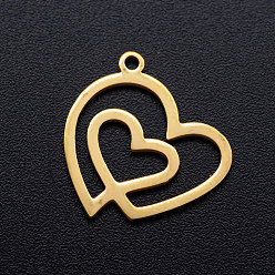 Golden 201 Stainless Steel Filigree Charms, Heart with Heart, Golden, 14x15x1mm, Hole: 1.2mm
