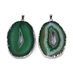 Green Natural Agate Big Pendants, Oval Charms, Dyed & Heated, with Platinum Plated Brass Findings, Green, 50~62x33~43x5~7mm, Hole: 7.5x4.5mm