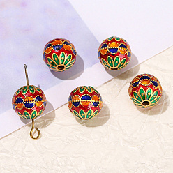 Colorful Brass Enamel Beads, Round with Flower, Colorful, 12mm