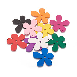 Mixed Color Wood Big Pendants, Flower, Dyed, Mixed Color, 57x56x2mm, Hole: 2mm