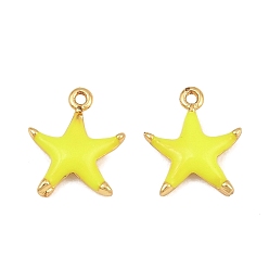 Yellow Brass Enamel Pendants, Starfish Charms, Rack Plating, Long-Lasting Plated, Lead Free & Cadmium Free, Real 18K Gold Plated, Yellow, 11x9x2mm, Hole: 0.9mm