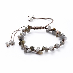 Labradorite Adjustable Natural Labradorite Chip Beads Braided Bead Bracelets, with Nylon Thread, 1-7/8 inch(4.8cm)