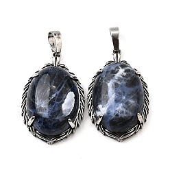 Содалитовое Природные подвески содалитом, латунные овальные подвески, античное серебро, 33.5~34x21x10 мм, отверстие : 8x5 мм