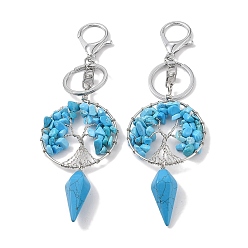 Howlite Natural Howlite & Synthetic Turquoise Keychain, with Platinum Brass & Iron Findings, Long-Lasting Plated, Lead Free & Cadmium Free, Flat Round with Tree of Life, 15.7cm