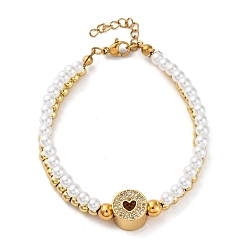 Плоский Круглый Латунь многожильных браслеты, браслеты со стразами для женщин, ионное покрытие (ip), реальный 18 k позолоченный, с пластиковой жемчужиной и 304 карабином из нержавеющей стали, плоско-круглые, 7-3/8 дюйм(18.8см)+30.5удлинитель мм