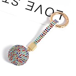 Colorful PU Leather & Rhinestone Keychain for Women, Round, Colorful, 14x3.5cm