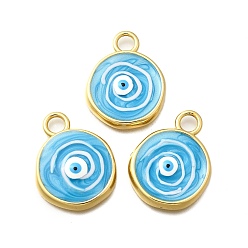Небесно-голубой Латунь эмаль подвески, без свинца и без кадмия, реальный 18 k позолоченный, плоский круглый с оберегом от сглаза, голубой, 28x22x4.5 мм, отверстие : 4.5 мм