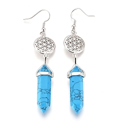 Synthetic Turquoise Pointed Bullet Synthetic Turquoise Dangle Earrings, with Brass Earring Hooks and Flat Round with Flower of Life Links, Platinum, 77mm, Pin: 0.7mm