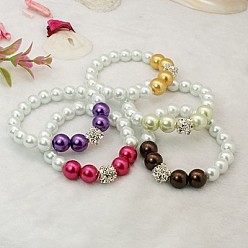 Mixed Color Fashion Glass Pearl Bracelets, Stretchy Bracelets, with Brass Rhinestone Beads, Mixed Color, 55mm